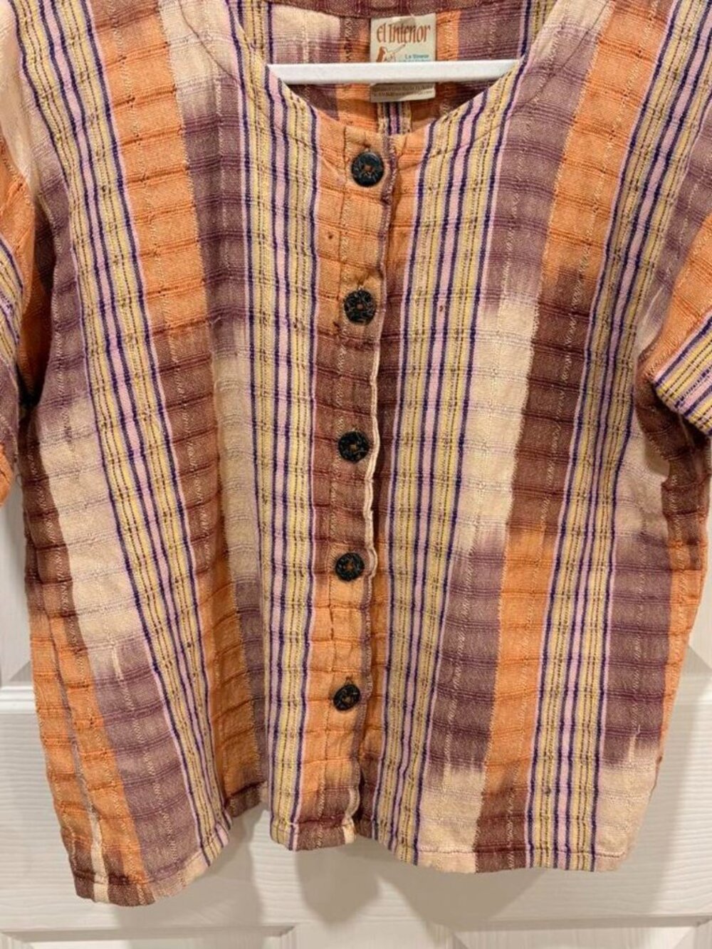 Vintage El Interior Plaid Cotton Button Up Blouse Orange Purple Beige Women's L